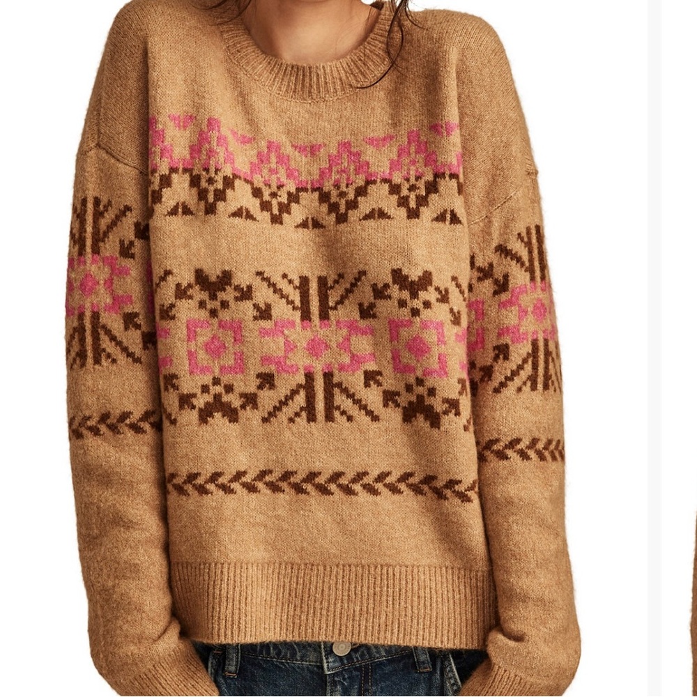 Lucky Brand Tan and Pink Crew Neck Sweater